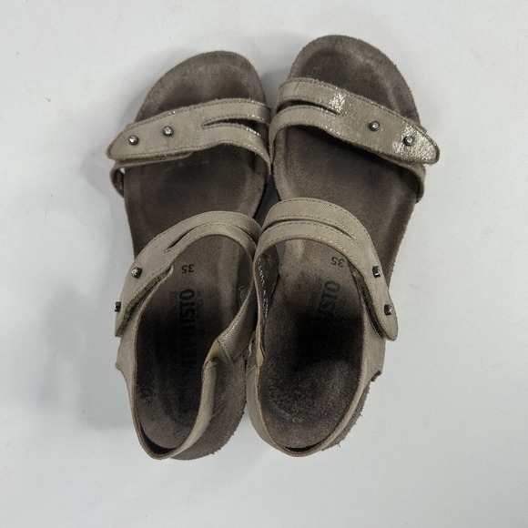 Mephisto Grey Metallic Sandals Strappy Low Wedge - Picture 5 of 6